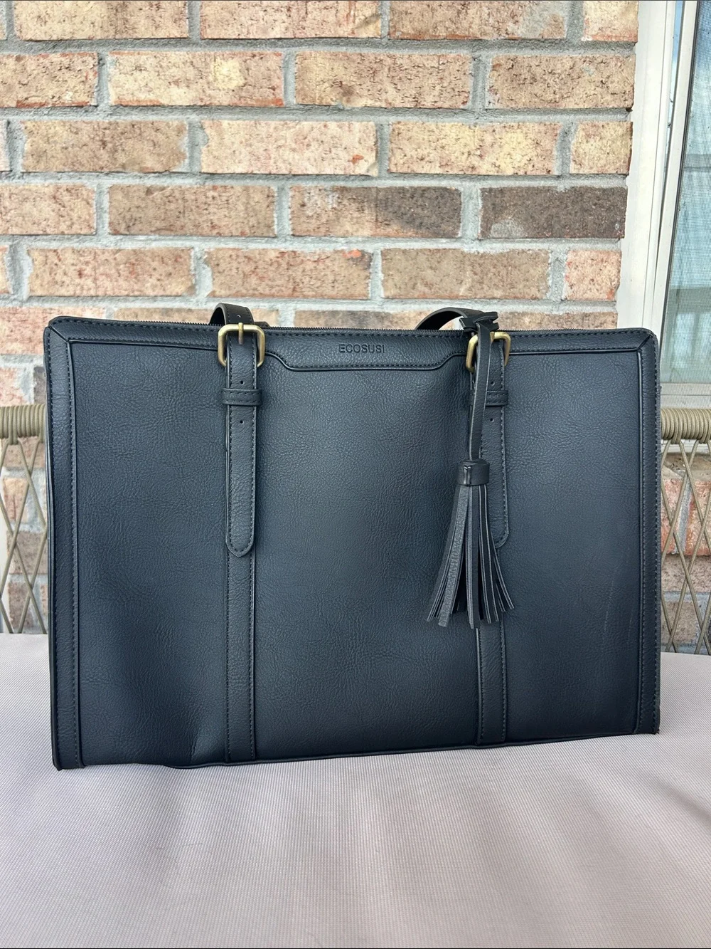ECOSUSI Black Leather Laptop Tote with Tassel